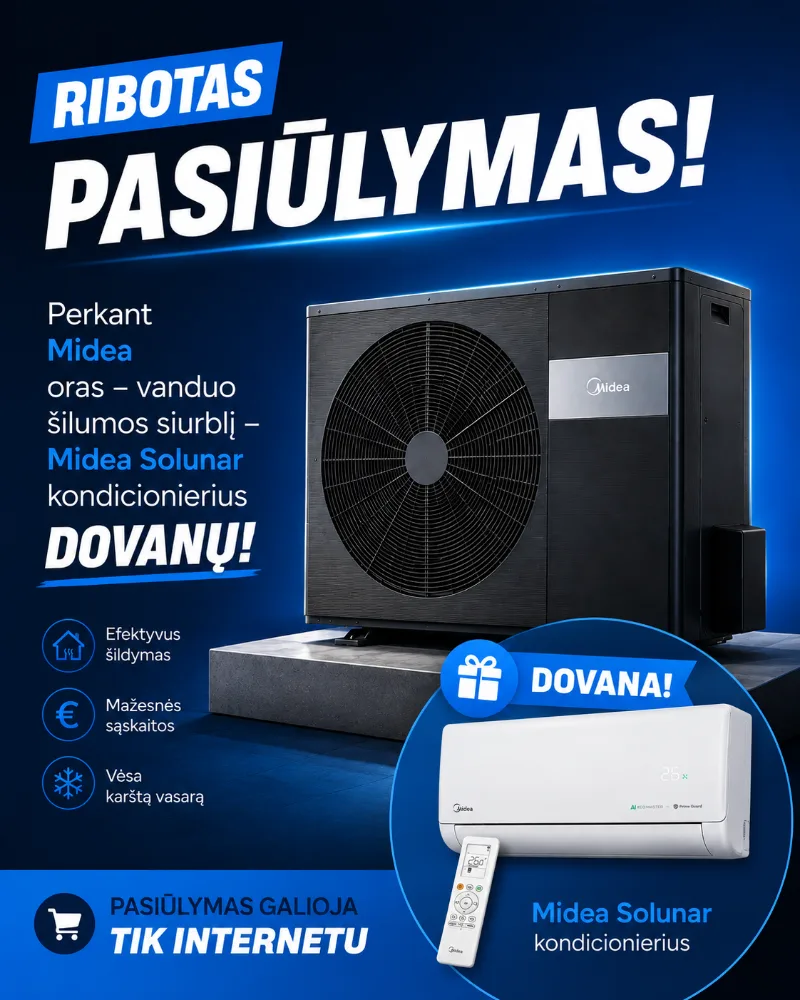 Ribotas pasiūlymas: perkant Midea oras–vanduo šilumos siurblį – Midea Solunar kondicionierius dovanų